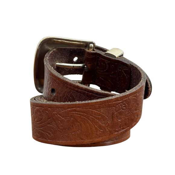 Liz Claiborne Tooled Belt SZ XL Women Brown Western Rustic Leather 70s Rodeo - Picture 4 of 12